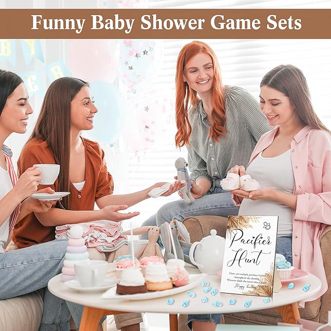 Roowest 51 Pcs Pacifier Hunt BabyShower Games Include Wooden Hunt Sign and 50 Acrylic Mini Plastic Pacifiers for BabyShower Game Decoration Gift Sets Gender Reveal Party