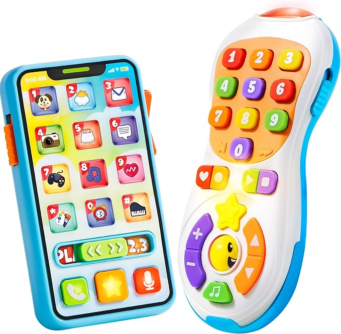 JOYIN Upgraded Toy Phone and Remote Control Set, 90+ Music and Learning Phrases, Baby Toys 6-12 Months, Toddler Birthday Gifts for 1 2 3+ Year Old Girs Boy