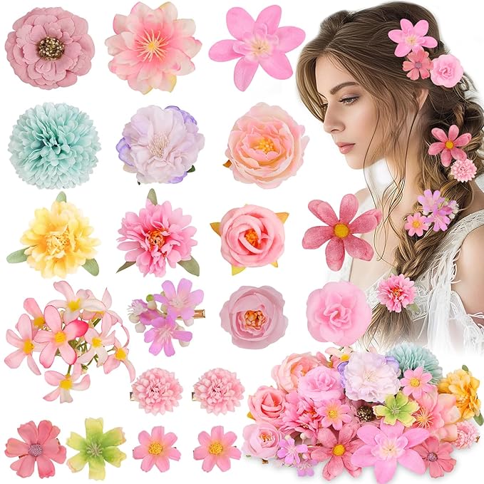 20 Pack Flower Hair Clip Rose Hair Clips Barrettes for Women Flower Accessories Boho Bride Claw Clip Hairpin Brooch Pin Headpiece for Girls Wedding (Pink)