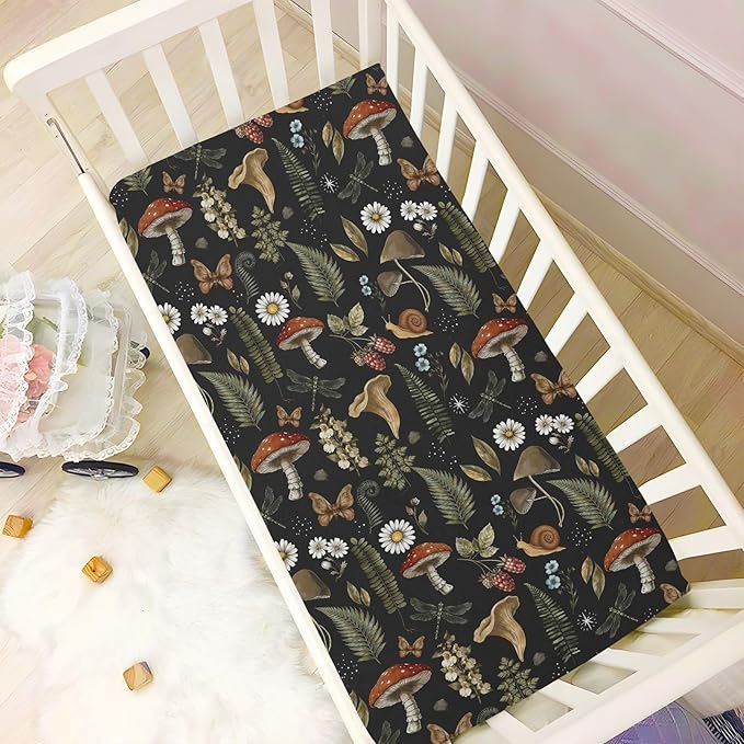 Vintage Mushroom Forest Plant Fitted Crib Sheets Stretchy Portable Playard Sheets for Baby Toddler, Breathable Soft Mini Crib Mattress 52 x 28 in for Boys and Girls
