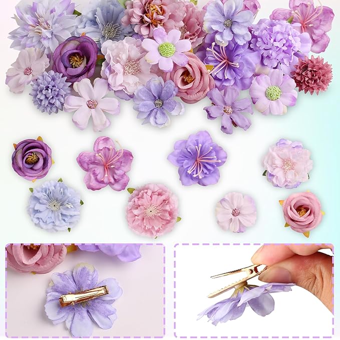 20 Pack Flower Hair Clip Rose Hair Clips Barrettes for Women Flower Accessories Boho Bride Claw Clip Hairpin Brooch Pin Headpiece for Girls Wedding (Purple)
