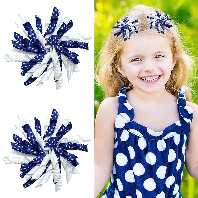 Yxiang 2PCS Indigo Korker Bows for Girls 3'' Curly Bow Hair Clip Ribbon Ponytail Bows Alligator Clip Hair Barrette for Girls Toddlers Kids