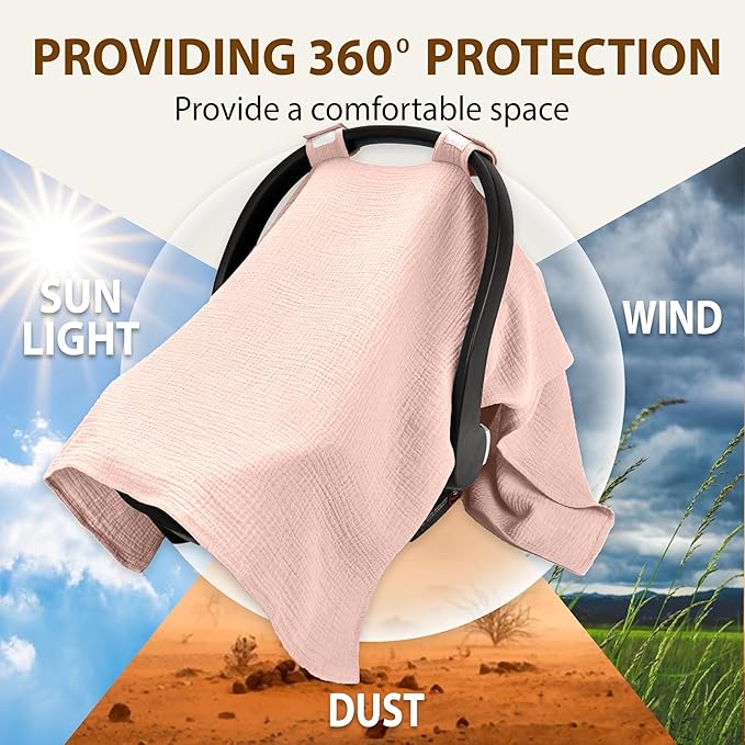 100% Organic Muslin Cotton Car Seat Cover 35 x 50 Inches Soft Touch Breathable Canopy, Protective Car Seat Cover Baby All Seasons Lightweight Car Seat Cover Travel Comfort (Pink)