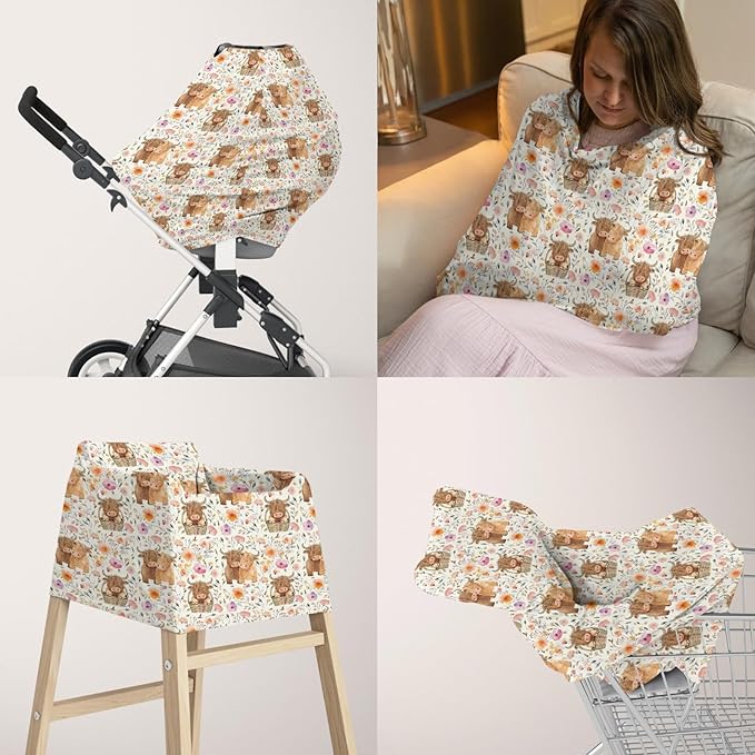 5-in-1 Unisex Highland Cow Pattern Baby Carseat Stroller Cover for Boys Girls, Western Farm Cow Flowers Floral Infant Toddler Privacy Nursing Breastfeeding Canopy, Grocery Shopping Cart Cover-24x28