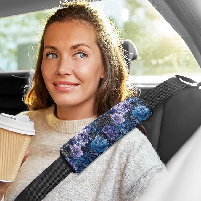 Dark Blue Purple Peonies Car Seat Belt Covers 2Pcs Fashion Safety Belt Cushion Seat Belt Shoulder Pad for Adults Women Kids