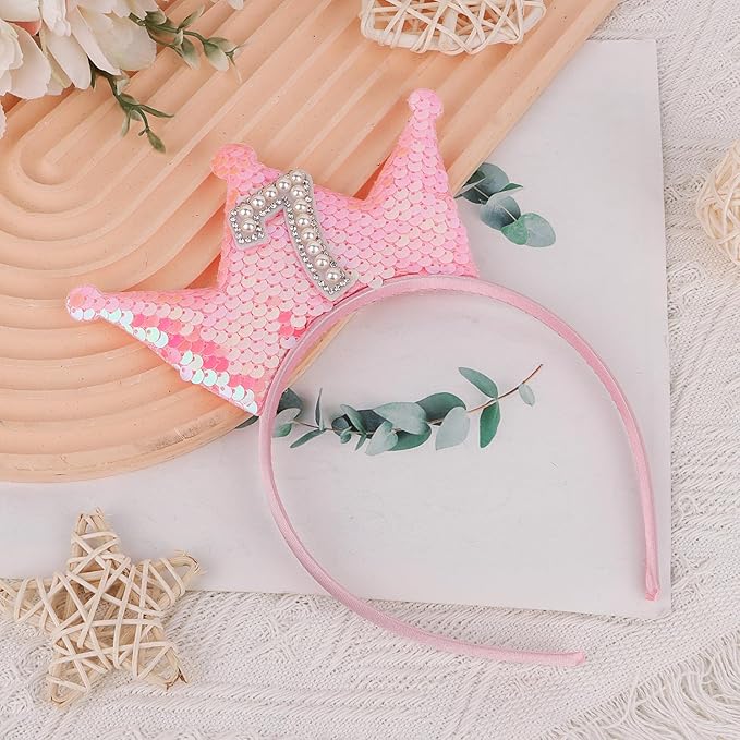 Birthday Crown Headband Pink Glitter Headbands for Girls Gifts for 7 Year Old Girls 7th Birthday Decorations