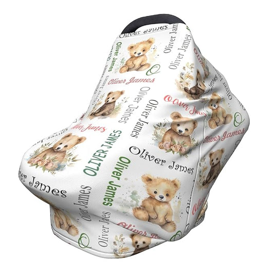Personalized Baby Car Seat Covers for Babies, Custom Bear Nursing Breastfeeding Carseat Canopy with Name, Infant Stroller Covers for Newborn Girls Boys, Breathable Carseat Cover
