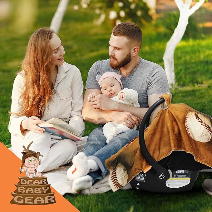 Dear Baby Gear Car Seat Cover for Boys & Girls - Baby Carseat Canopy w/Snap Opening - Infant Seat Cover - Stroller & Nursing Covers - Newborn Carrier Canopy - 40x30" (Slugger Baseball - Smooth Brown)