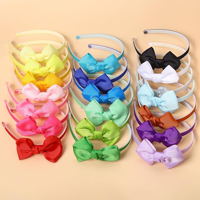 Grosgrain Ribbon Headbands with Bows for Toddler Girls and Babies, Includes Hair Hoops (20Pcs Hair Accessories)
