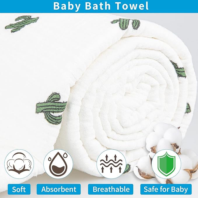 Hooded Towel Muslin Hooded Towel Made from Organic Cotton 6-Layer Cotton Bath Towel, Soft Bath Towels 25x51inches for Toddler Baby Kids Cactus
