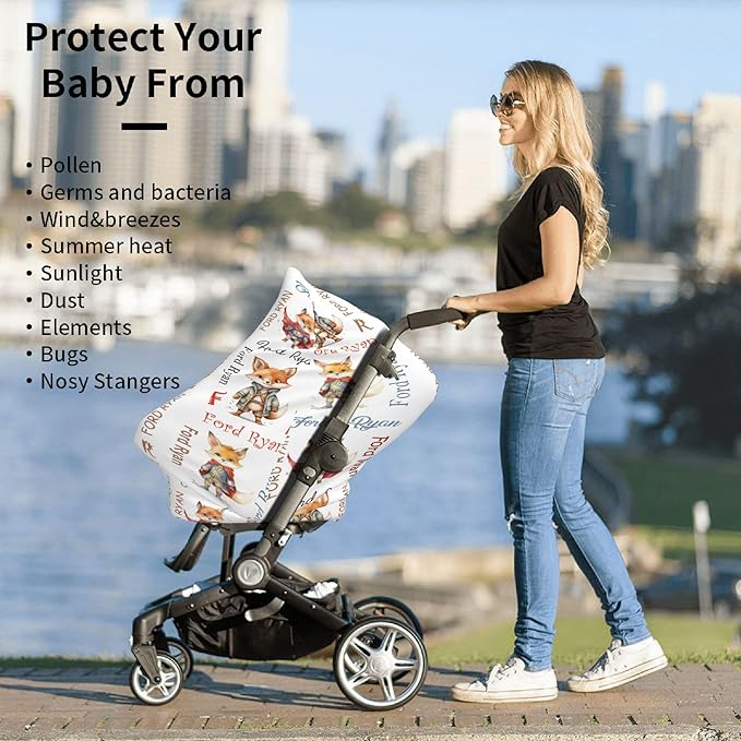 Personalized Baby Car Seat Covers for Babies, Custom Fox Nursing Breastfeeding Carseat Canopy with Name, Infant Stroller Covers for Newborn Girls Boys, Breathable Carseat Cover