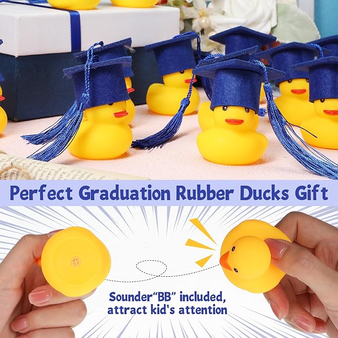 Jerify 48 Pcs Graduation Rubber Ducks with Grad Cap 2026 Diploma Grad Rubber Duck Graduation Party Bath Pool with Storage Bag for Student Gifts Party Favor(Blue)
