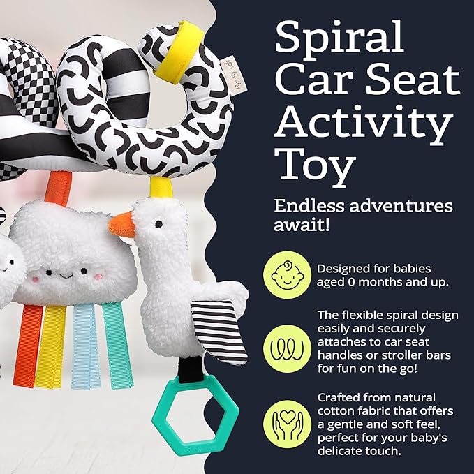 Itzy Ritzy Spiral Car Seat & Stroller Activity Toy - Stroller & Car Seat Toys for Ages 0 Months and Up - Hanging Toys Include Dangling Ring, Mirror and Textured Ribbons (High Contrast)