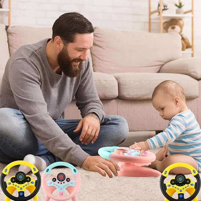 2 Pack Car Driving Simulated Toy Kids Steering Wheel Copilot Driving Steering Wheel Toy with Light Music for Kids Early Learning Educational Sounding Toys, 2 Colors