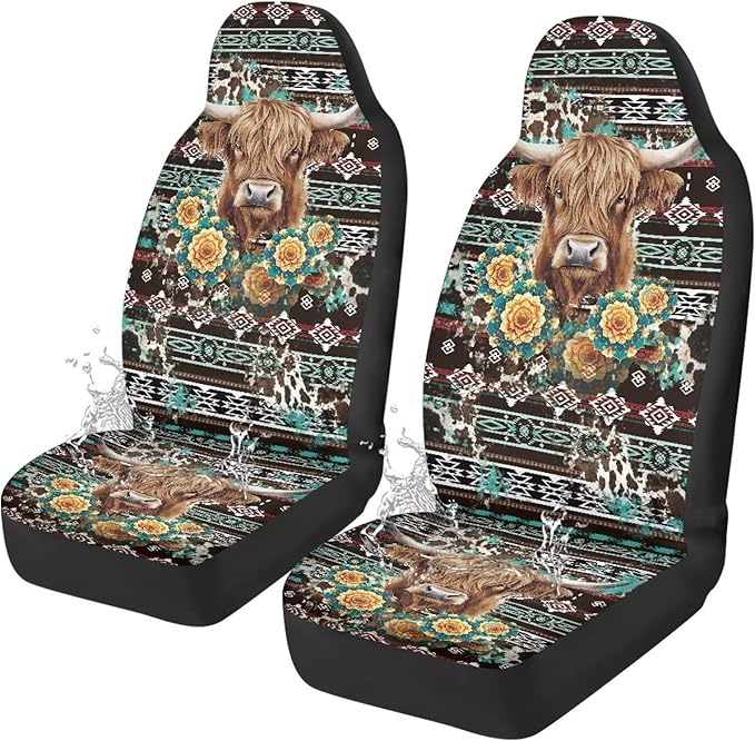 Ethnic Highland Cow Car Seat Covers Waterproof Front Seat Covers Automobile Front Seat Covers Easy to Install Car Interior Automotive Universal Fit Most Cars