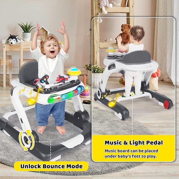 TODEFULL 6 in 1 Baby Walker, Baby Activity Walker for Toddler, Push Walker w/Adjustable Height Speed, Learning-Seated & Walk-Behind, Infant Walker w/Feeding Tray & Music Toys, Grey
