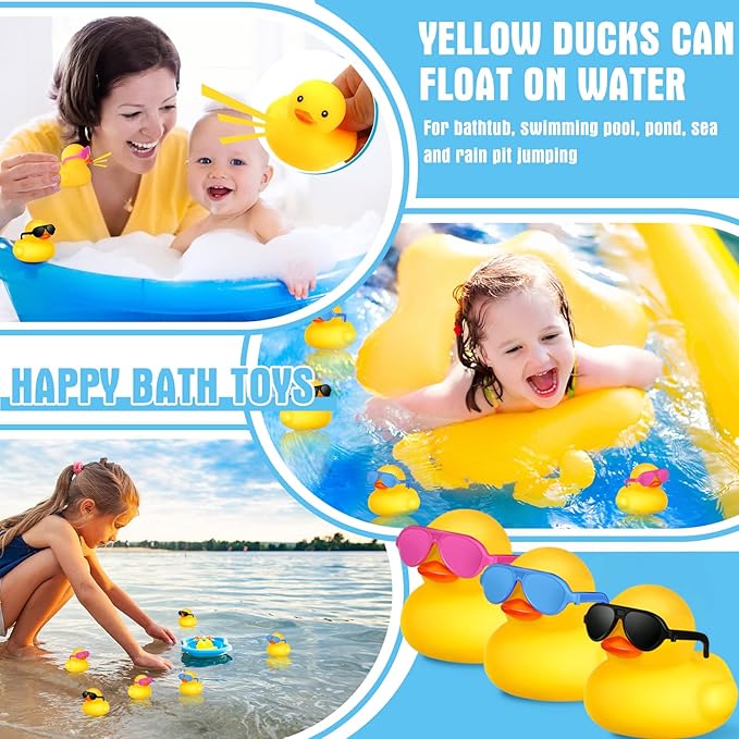 Chivao 48 Pcs Mini Rubber Ducks with Sunglasses in Bulk Small Duck Gift Bathtub Toys for Holiday Cruise Birthday Party Favor(Yellow, Blue, Pink, Black)