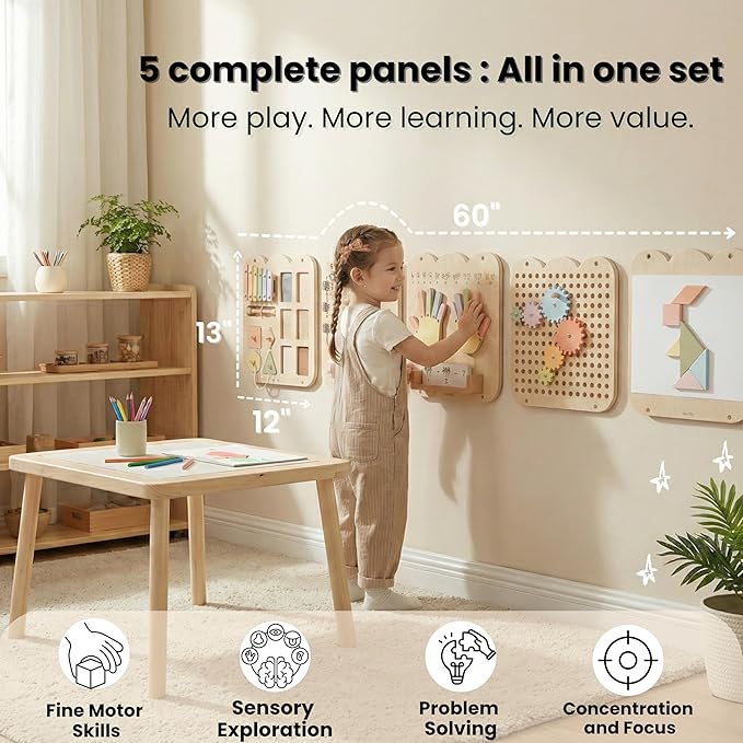 5 Panels, Wall Busy Board for Toddlers 2–7, 25-in-1 Montessori Wall Activity Board, Wooden Busy Board Wall Mounted, Sensory Wall Panel for Kids, Toddler wall Activity, Large Modular System