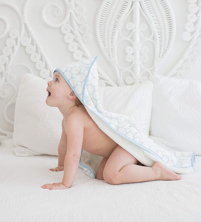 SwaddleDesigns Organic Cotton Terry Velour Hooded Towel for Baby/Toddler, Absorbent with Satin Trim, Absorbent with Satin Trim, Pastel Blue Mod Circles