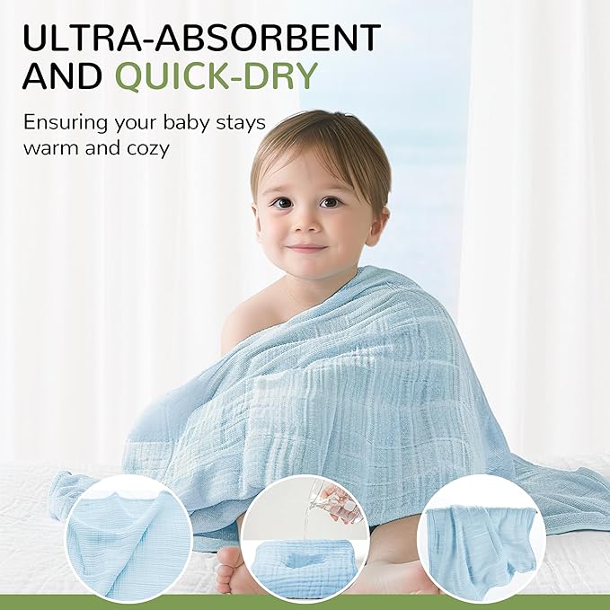 Momsnug 3-Pack Muslin Hooded Baby Towels, 100% Cotton, Ultra-Soft & Absorbent Baby Bath Towels with Hood for Babies, Infant, Toddler and Newbron(35 X 35 Inch) (Green + Grey + Blue)
