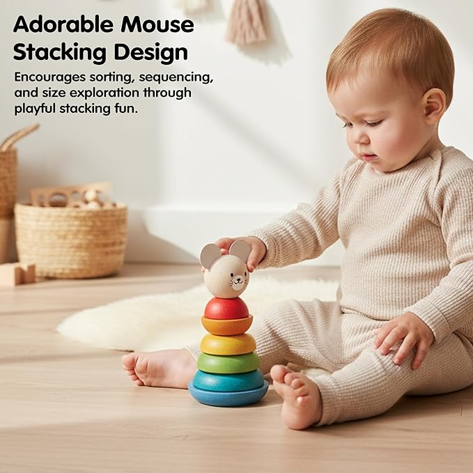 PlanToys® Mouse Stacking Ring Wooden Montessori Size and Colour Sorting Toy | Fine Motor, Coordination and Early Math Learning Activity | Eco Friendly Educational Stacking Toy