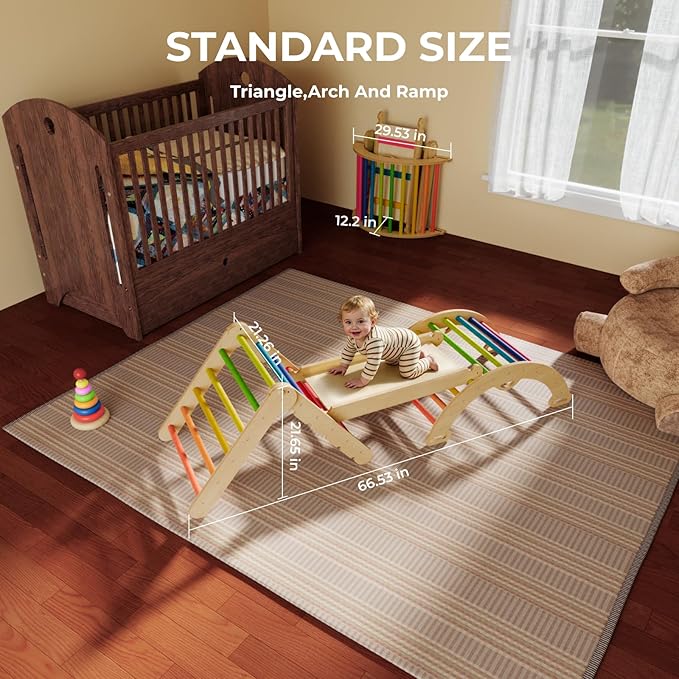 LINKHOO Pikler Triangle Set of 3, Wooden Montessori Climbing Set for Toddlers Ages 2-6, Indoor Jungle Gyms with Arch, Ramp and Ladder, Rainbow