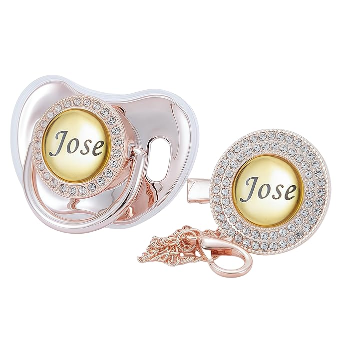 Custom Name Bling Pacifier & Clip Set – Personalized Binky for Baby Shower, Newborn Keepsake for Photos (Rose Gold)