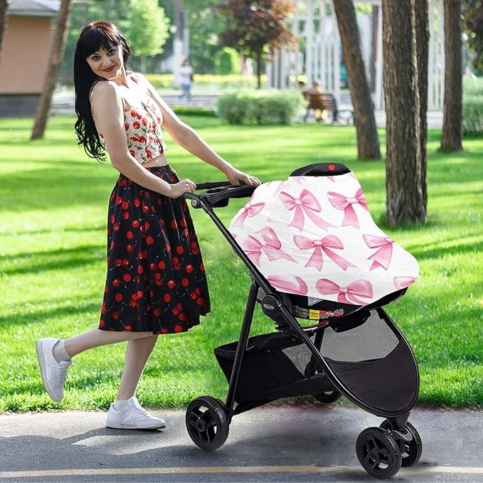 Pink Bows Stretchy Baby Car Seat Cover Soft Breathable Nursing Cover Breastfeeding Cover Multiuse Infant Carseat Stroller Cover for Girls and Boys