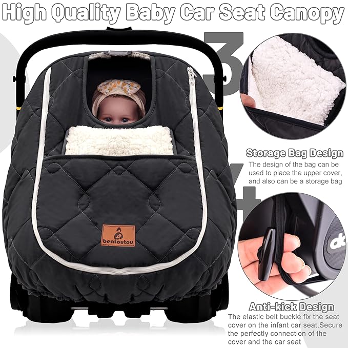 Winter Carseat Cover for Baby,Waterproof Baby Car Seat Cover Compatible with Doona Car Seat and Stroller，Winter Infant Carseat Canopy, Keeps Babies Warm and Cozy (Black)