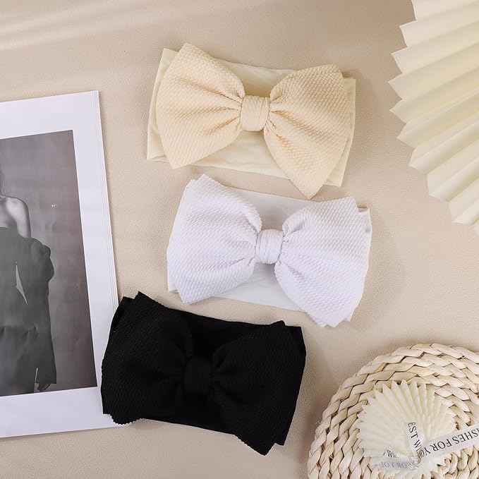 6'' Large Tied Bow Baby Headbands Handmade Hairbands with Bows High Stretchy Soft Nylon Headbands Baby Hair Accessories for Infant Baby Girls Black White Beige