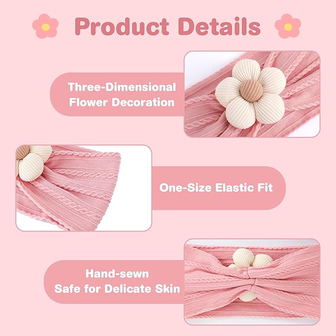 lucdnc 6 Pcs Baby Girls' Headbands Gifts for Newborn Infant Toddler Handmade Soft Comfortable Elasticity Nylon Baby Flower Hairbands Essentials Accessories