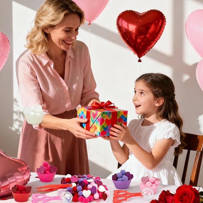 EZdhuawuse Valentines Sensory Bin Fillers - 267P Valentine’s Day Gift Fine Motor Toys Counting Sorting for Kids, Counting Toy with Shiny Heart Pink Pom Poms Cup Clip for Preschool Education Activities