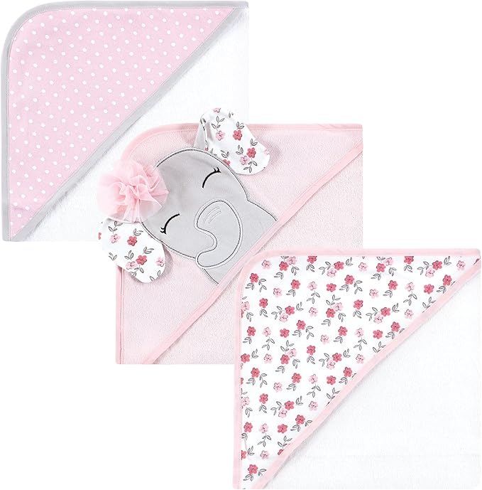 Hudson Baby Unisex Baby Cotton Rich Hooded Towels, Floral Pretty Elephant, One Size