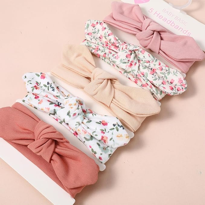 5 Pack Baby Girls Bows Headbands, Soft Polyester Hairbands Handmade Newborn Infant Toddler Hair Accessories Elastic Knot Hairbands with Hair Bows