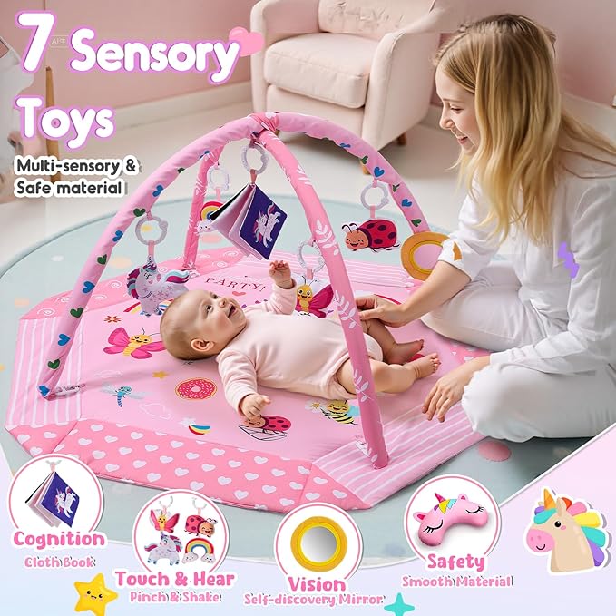 Windidi Unicorn Baby Gym Play Mat, 9-in-1 Tummy Time Mat with 7 Baby Toys, Washable Baby Activity Mat for Visual, Sensory, Motor Development, Newborn Baby Toys Gift for Toddler 0-3-4-6-9-12 Months