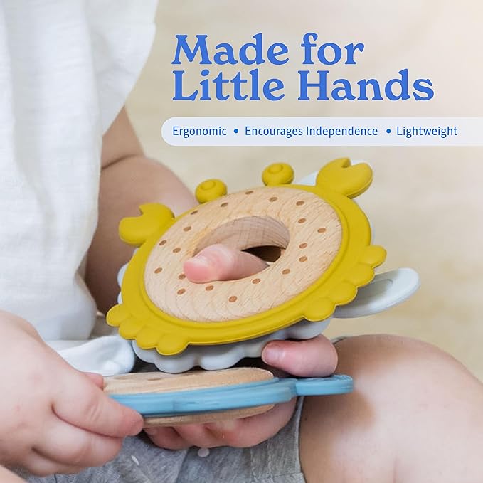 Blue Dog Baby Teething Toy for 0-12 Months | Food-Grade Silicone & Natural Beech Wood Teether | Easy-to-Hold Animal Shapes for Soothing Chewing | BPA-Free Teethers for Babies Boys & Girls