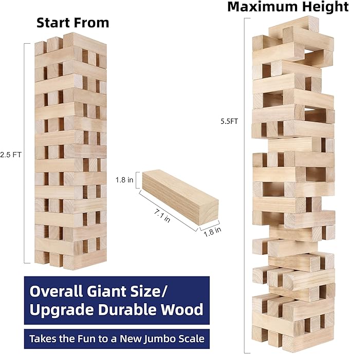 GOTHINK Giant Tumbling Tower Game, Super Large 51pcs Wooden Blocks Stacking Game, Stacking Up to 5.5 Feet, Timber Blocks with Carry Bag, Jumbo Blocks Outdoor Indoor Game Toy Gift for Kids and Adults