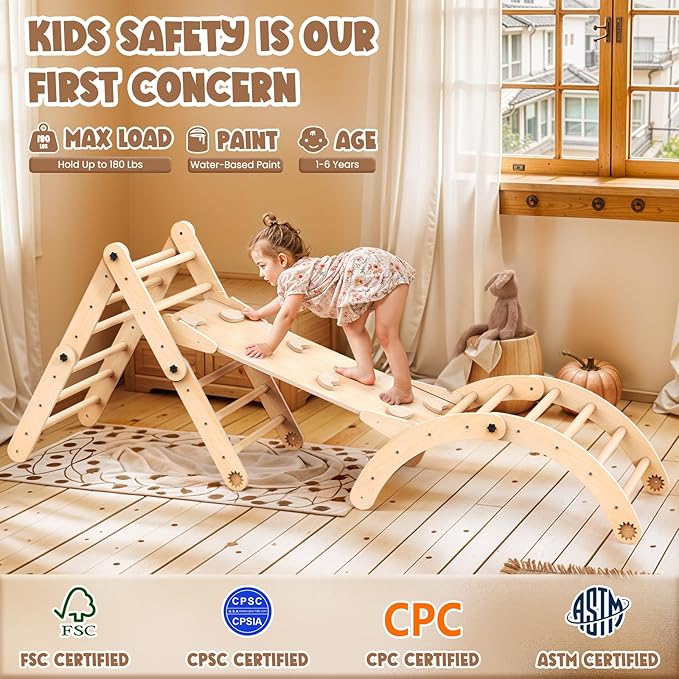 Deformable Pikler Triangle Set with Sliding Ramp & Climbing Arch Ramp, Wooden Toddler Climbing Toys Indoor, Playground Jungle Gym for Kids, Montessori Climbing Set for Toddlers
