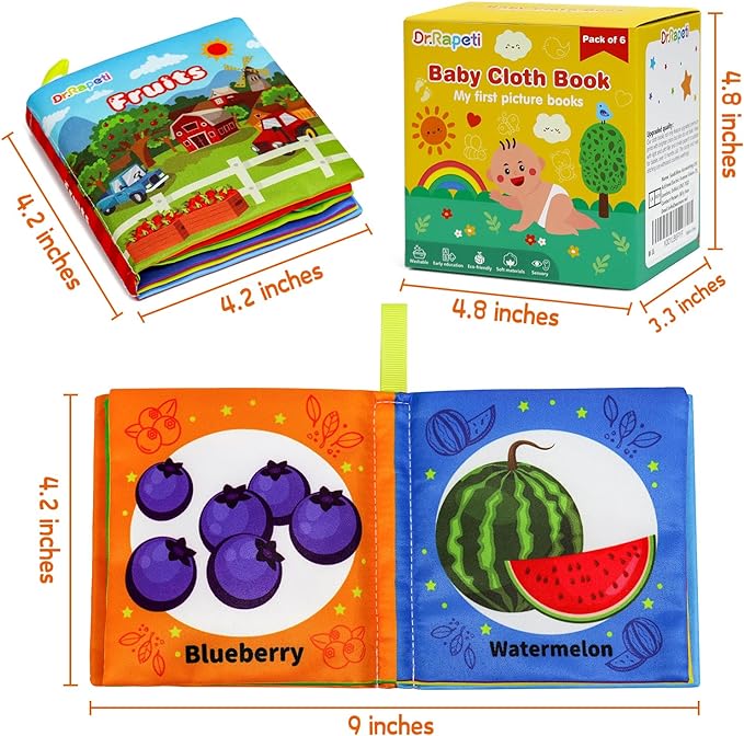 Dr.Rapeti Soft Cloth Books Baby Books Bath Books 6-Pack for Baby Infant Toddler Kids Crinkle Squeaky Washable Chewable Non-Toxic Early Educational Giftable