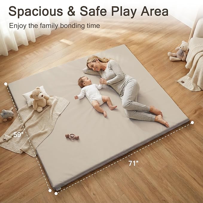 Vegan Leather Baby Play Mat, 71x59 Thicken Foam Play Mat for Infants and Toddlers, Padded & Cushioned Playpen Mat for 71x59 Playpens, 1.2" Thick, Grey