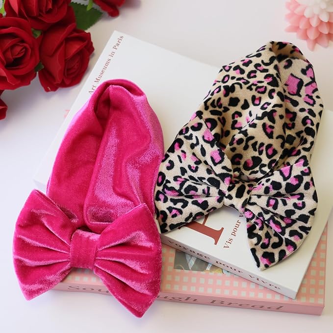 Velvet Pink Leopard Baby Headbands Big Bows for Baby Girls Velvet Soft Hairbands Bows Wide Head Wrap Rose Hair Accessories for Newborn, Infant Toddlers 0-6Months