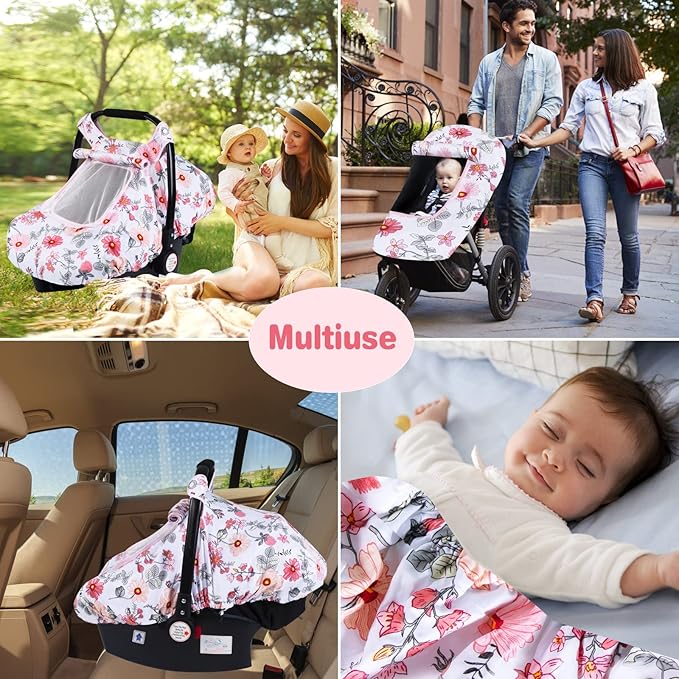 SMTTW Baby Car Seat Covers, Infant Car Canopy for Spring Summer Autumn Winter, Universal Fit, Snug Warm Breathable, Car Seat Canopy for Boys Girls (Pink Flower)
