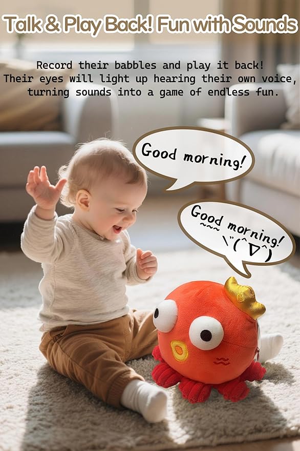 Bouncing Octopus Baby Toy, Musical Crawling Toy for 6-12 Months, Talking Recording Repeat Plush Toy with 120 Songs, Sensory Tummy Time Toy for Toddlers 1-3, Infant Birthday Gift (Red Octopus)