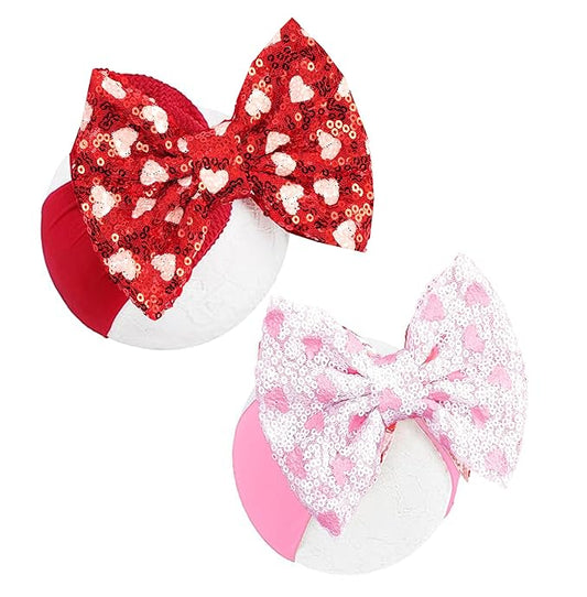 Red Pink Heart Baby Bow Headbands Sequin Bows Glitter Hair Bow for Girts Toddler Baby Headband Bows 6-24 Months.(FD104) (Heart-shaped Red)