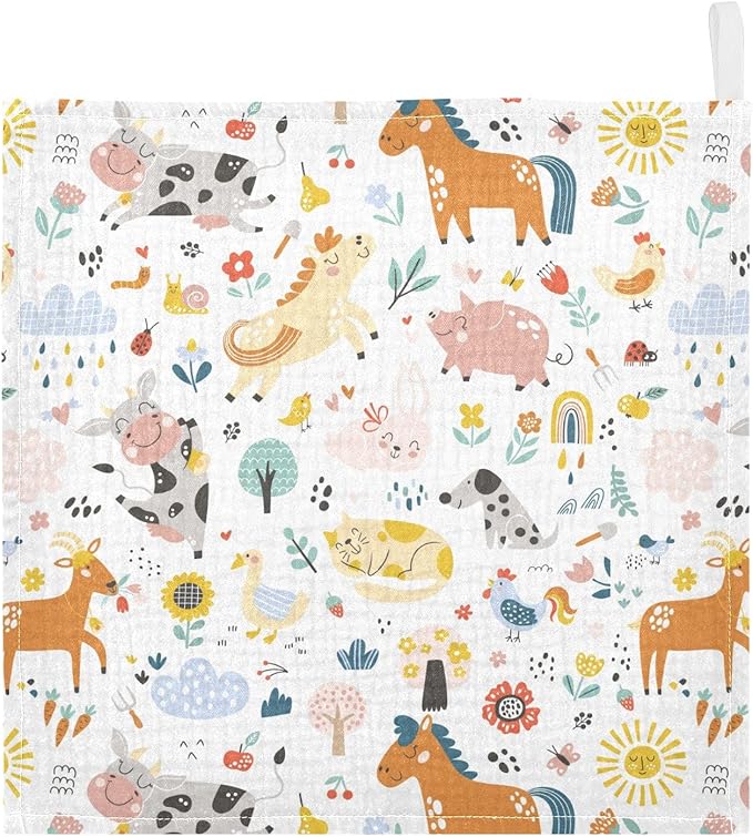 Baby Washcloths Cotton Cute Farm Animals Baby Muslin Washcloths Soft Baby Face Towel for Newborn Infants Baby Wipes, 11.8 X 11.8 Inch, 5 Pack