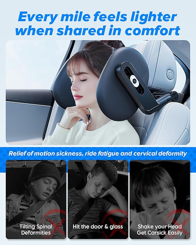RunSnail Car Headrest Pillow, 2025 Upgrade 360° Rotating Travel Headrest, 3-Point Linkage Adjustable, Thickened Breathable Memory Foam Headrest, Travel Car Sleeping Pillow for Kids, Adults