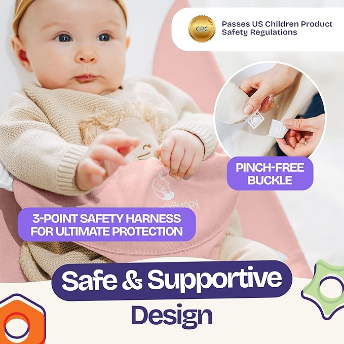 ComfyBumpy Ergonomic Baby Bouncer Seat - Bonus Travel Carry Case - Safe, Portable Bouncing Chair with Adjustable Height Positions - Infant Bouncy Seat Perfect for Newborn Babies (Pink)
