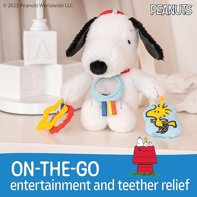 Kids Preferred Peanuts Snoopy Activity Toy - Jingle, Mirror, Teethers, Crinkle, Ribbons, Crinkle, Satin Accents, Soft Plush, On-The-Go Clip, 12 in