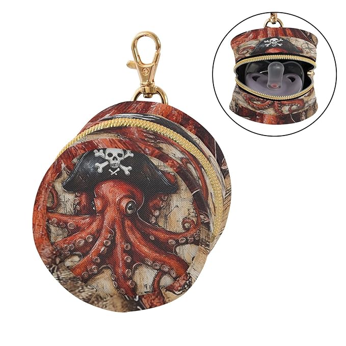 Pacifier Holder with Clip Pacifier Case for Diaper Bag Round Baby Pacifier Pouch Box Bag Portable Octopus Pirate and Compass