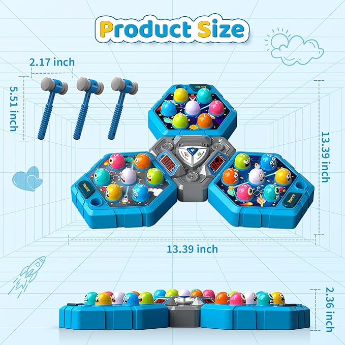 WAYKEE Whack a Game Mole, Toys for 3 4 5 6+ Year Old Boys Girls, Whack a Game for Kids, Gifts for 3-12 Year Old Boys Girls, Interactive Educational Toys with Multiplayer Hammers Sound and Light